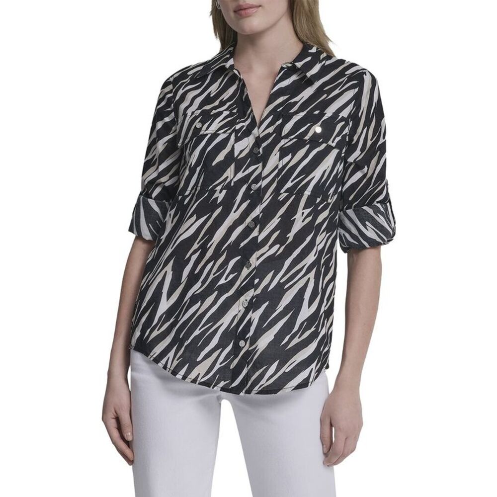 Dkny Womens Printed Roll Tab Shirt, Black